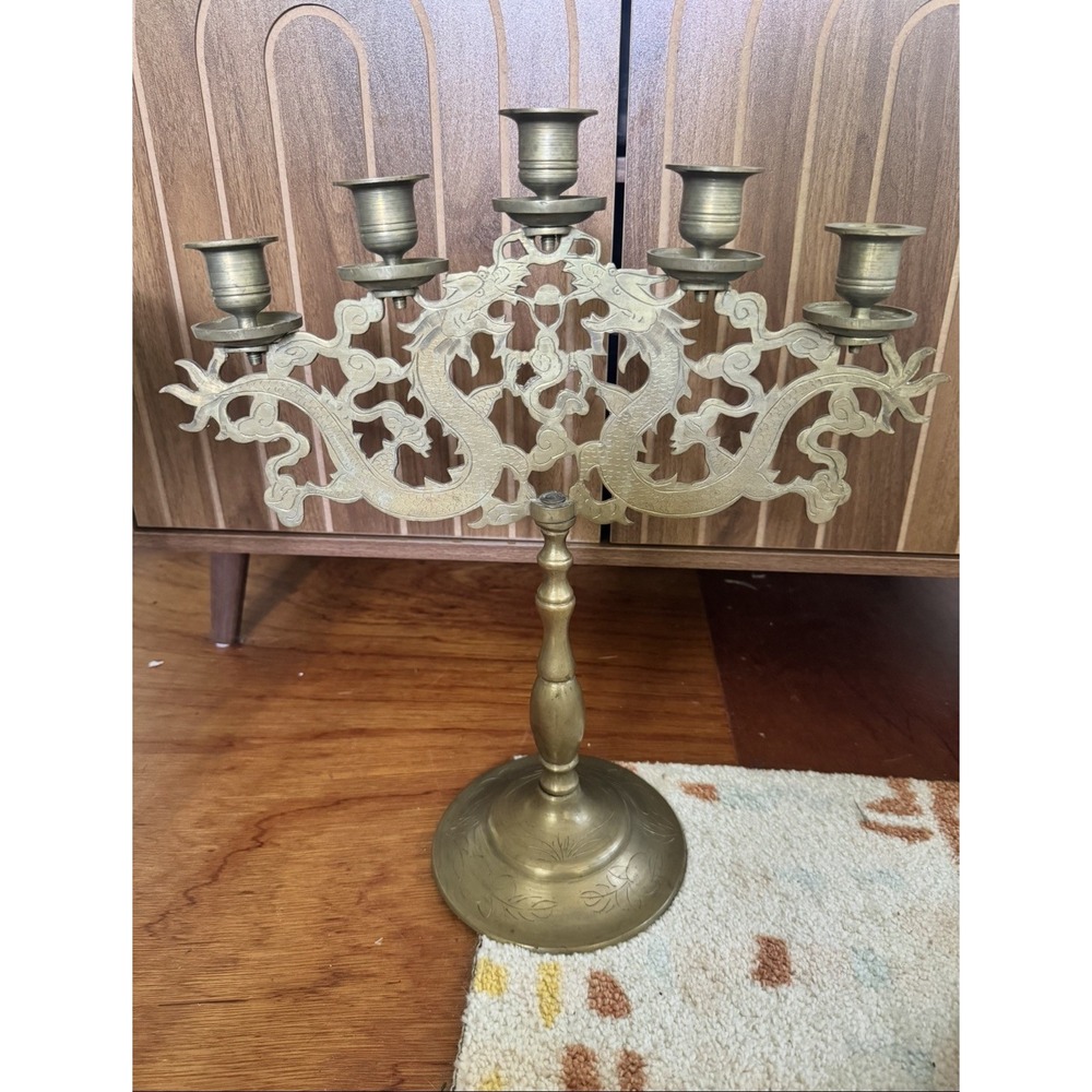 Mid 20th Century Dragon Brass Candelabra Table Top 5 Cup Candlestick Holder